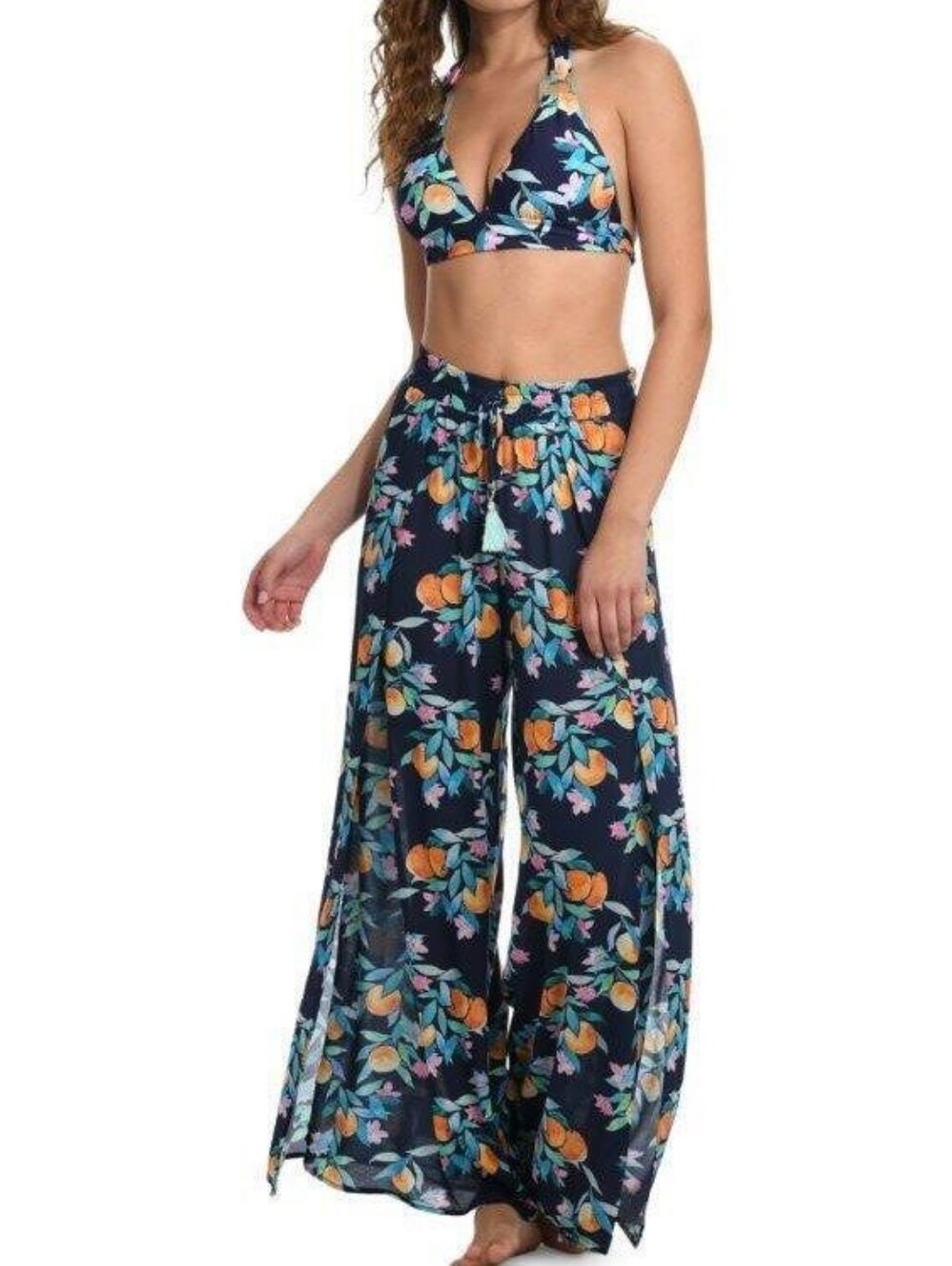 Sunshine 79 Floral Wide-Leg Navy Orange Beach Pants with Slits - Size: L - NWT - Picture 1 of 5